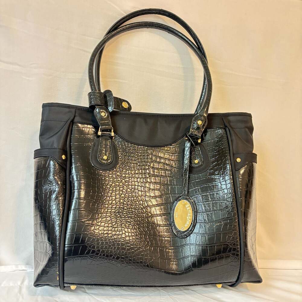 Samsonite Black Croc Embossed Nylon Travel Tote Bag Gold Hardware Purse